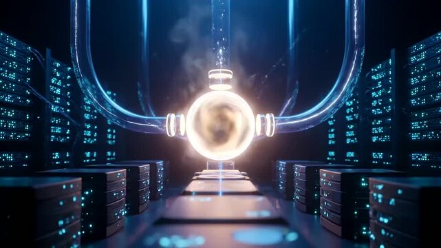 Quantum arbitrage paths for high-speed data flow in an advanced glowing futuristic server room with intricate network connections and powerful digital processing.