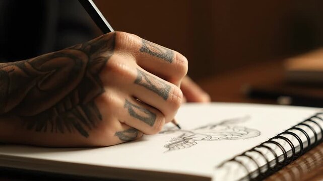Tattooed artist sketching a new design in a notebook with a graphite pencil. Close up on the creative process of developing custom artwork for a client in a studio