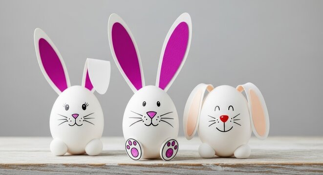 Adorable vector illustration featuring three charming white egg bunny crafts ready for an easter celebration
