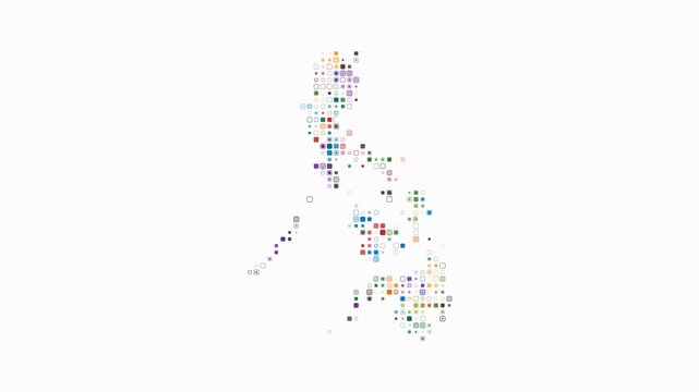 Philippines animated country shape. Pulsating colored dots on the map of the country. Small size rounded square blocks. Digital style Philippines map on white background. Modern animation video.