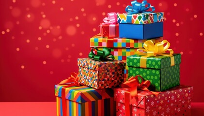 Pile of Festive Presents: A vibrant tower of meticulously wrapped gift boxes, adorned with colorful ribbons, stands ready against a warm backdrop.
