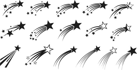 Shooting star silhouettes vector set, falling star icons with trails, magic sparkle celestial symbols, isolated black meteor illustrations for decoration and fantasy design © Shuda