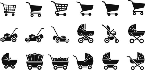 Shopping cart stroller and lawn mower silhouette vector set, retail childcare and gardening icons collection, black and white household equipment illustrations © Shuda