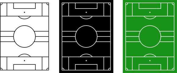 Seven a side soccer field top view set with outline, solid black and color versions. Clean football pitch diagram vector perfect for tactics board, sports infographic and field layout design. © Slamet