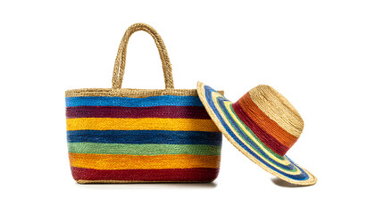 Fototapeta premium straw colorful beach bag and hat isolated on a white background