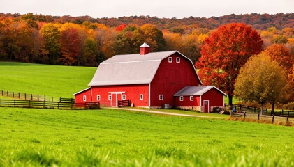 Obraz premium Picturesque Barn in Autumn Splendor: A classic red barn stands amidst a vibrant tapestry of autumn colors, framed by rolling green fields and a breathtaking backdrop of a forest on a bright day.