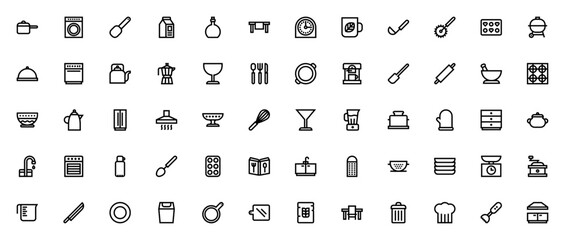 Kitchen icon set. Vector kitchenware collection. Includes pot, stove, oven, fridge, mixer, kettle, utensils, dishes and more. Editable thin line icons.