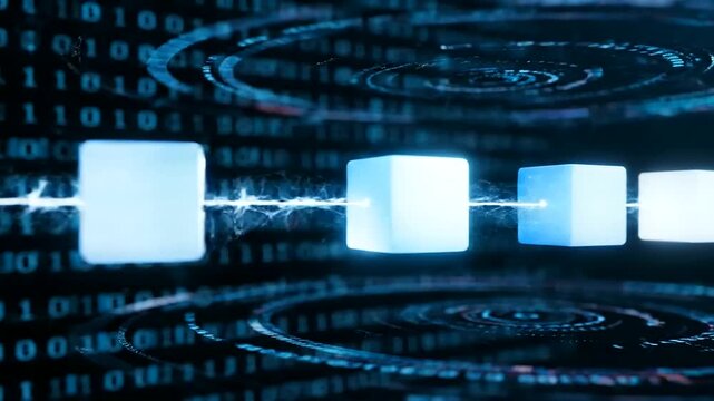 Quantum arbitrage paths visualize futuristic data processing and energy flow through interconnected glowing blue blocks in an abstract digital landscape with binary code and cinematic lighting.