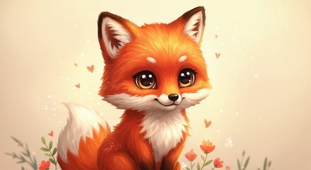 Obraz premium Charming Fox Cub Illustration: A delightful illustration of a cute fox cub, rendered in a captivating artistic style that radiates warmth and endearment.