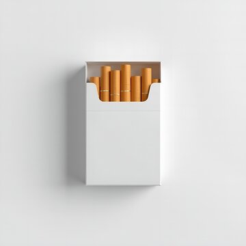 Open pack of cigarettes with golden filters on white background