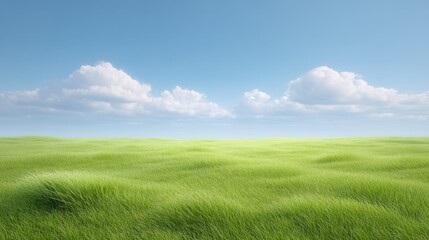 Obraz premium Lush Green Grass Under Bright Blue Sky with Fluffy White Clouds in a Tranquil Nature Landscape Scene