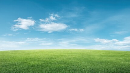 Fototapeta premium Expansive Green Field Under Bright Blue Sky with White Clouds and Gentle Breeze in a Peaceful Natural Landscape