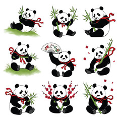 Adorable Panda Bears with Bamboo and Red Ribbons Vector Set.