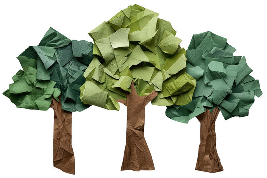Three handmade green paper trees with textured crumpled leaves on transparent background symbolizing nature and recycling