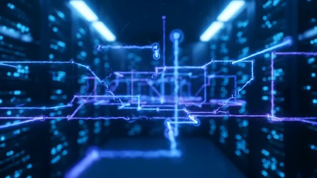 Quantum arbitrage paths visualize a complex digital network of glowing blue and purple data streams and interconnected nodes, showcasing advanced computing technology.