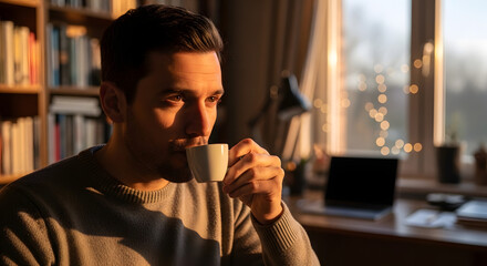 Obraz premium Man enjoying a cup of coffee in a cozy home office with a laptop and books around him, viewed from the side.