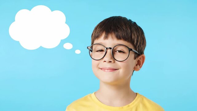 Smart little boy with glasses having a creative idea in a three frame sequence. Blank thought bubble for copy space represents imagination, learning and problem solving