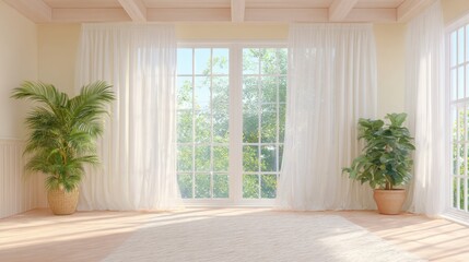 Fototapeta premium Bright and Airy Indoor Space with Large Windows and Lush Greenery, Perfect for Interior Design or Lifestyle Concepts