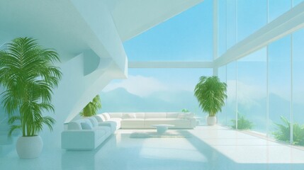Fototapeta premium Bright and Spacious Modern Interior with Large Windows and Lush Green Plants in Contemporary Architecture