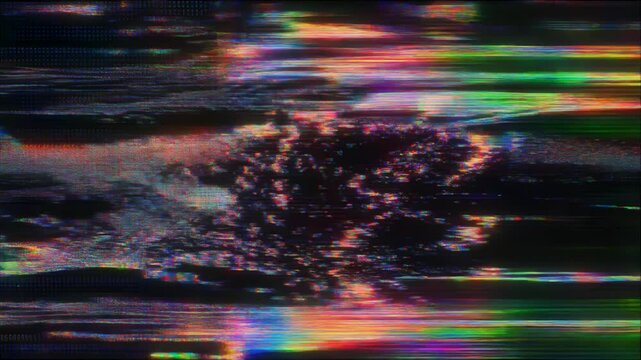 激しいRGBグリッチノイズが押し寄せ崩壊するサイバーデータ空間のデジタル崩壊背景