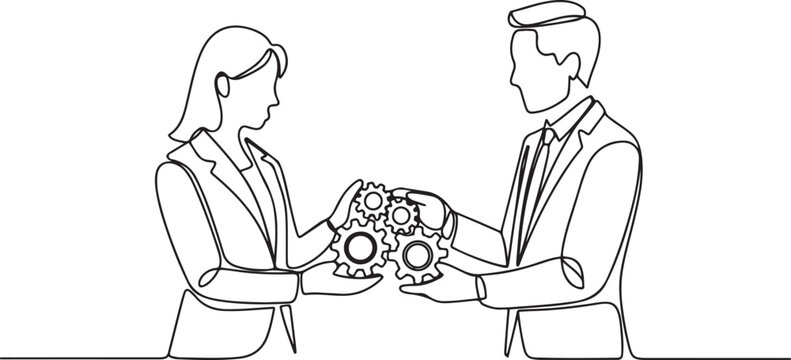 businesswoman and colleague people holding cogwheels gear teamwork make dreamwork organization.one line vector icon illustration