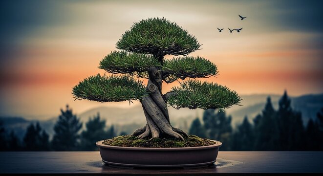 Bonsai tree against sunset sky