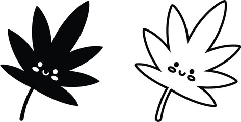 Fototapeta premium Happy cartoon cannabis leaves in black and white isolated on transparent background, Vector