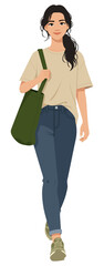 Obraz premium Young woman carrying tote bag walking full body flat design