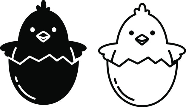Black and white chicks hatching from eggs isolated on transparent background, Vector