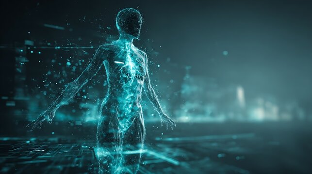 Digital twin medicine concept with holographic human body and medical data visualization representing AI-powered healthcare technology and personalized treatment simulation.