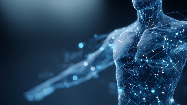 Digital twin medicine concept with holographic human body and medical data visualization representing AI-powered healthcare technology and personalized treatment simulation.