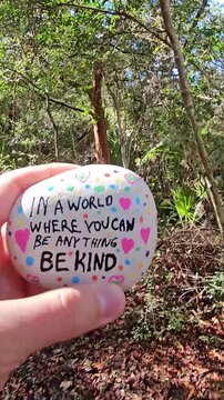 Hand holding be kind kindness rock walking on tropical nature path vertical video