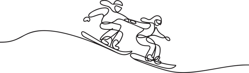 A guy and a girl are snowboarding. World Snowboard Day.one line vector icon