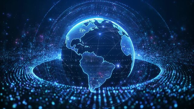 青く輝く地球を包み込むデータ通信の光粒子と光輪が広がる未来的グローバルネットワーク背景