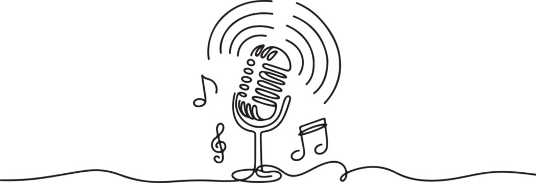 Continuous line drawing of musical, mic, broadcasting.one line vector icon droing
