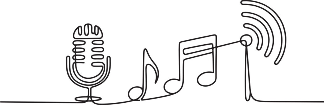 Continuous line drawing of musical, mic, broadcasting.one line vector icon droing