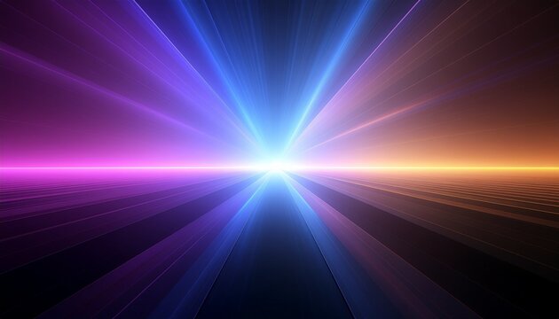 Vibrant abstract light rays converge from a central glowing point, forming a dynamic digital.