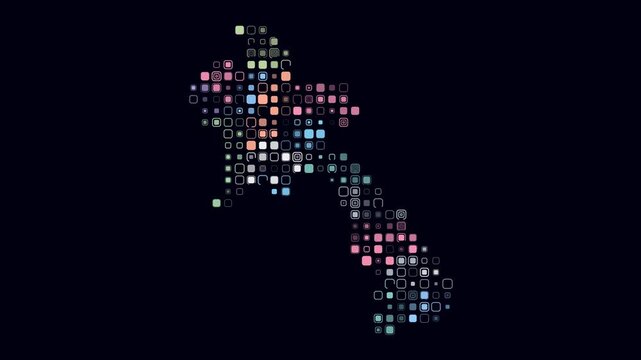 Laos animated country shape. Pulsating colored dots on the map of the country. Large size rounded square blocks. Digital style Laos map on dark background. Artistic animation video.