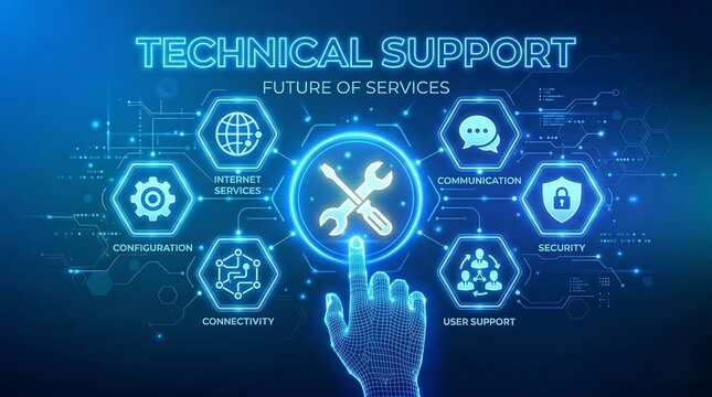 Technical support. Customer help. Global international tech support. Customer service, Business and technology concept. Earth globe in wireframe hand. Vector ai