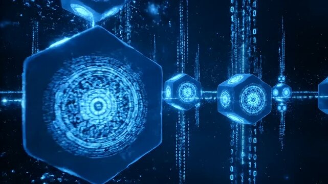 Quantum arbitrage paths creating a futuristic blockchain network of glowing interconnected data blocks with flowing binary code streams in a dark immersive digital space.