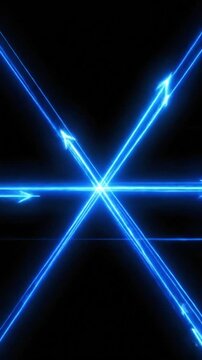 Blue arrow lights cross in dark space with bright colors