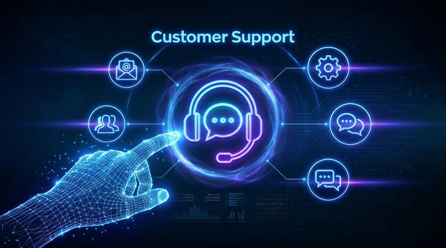 Customer support service technology concept. Technical support, customer service, digital interface, tech support assistance. Wireframe hand touching virtual screen. Vector illustration  ai