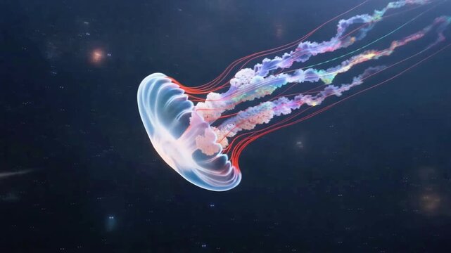 Animated jellyfish like cosmic entity and futuristic spaceship floating in deep space with glowing stars and mysterious sci fi atmosphere
