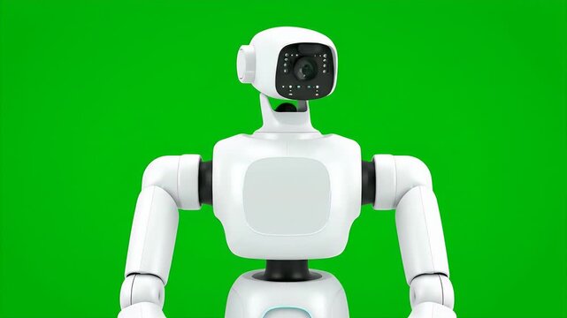 Modern White Humanoid Robot with Camera Eye and Articulated Arms on Green Screen Background for Futuristic Technology Concepts