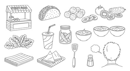 Hand drawn sketch of a food stall with taco drink salad pickles dips and condiments representing fast food and outdoor