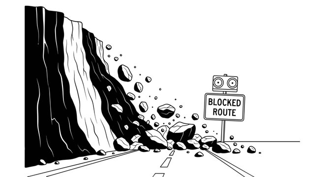Dramatic black and white illustration of a rockslide blocking a road with a 'blocked route' sign symbolizing obstacles
