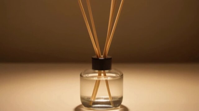 Close up of essential oil diffuser with wooden sticks emitting soothing aroma highlighting aromatherapy wellness and fragrance concepts