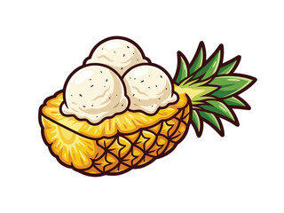 Pineapple Bowl with Ice Cream Scoops – Tropical Dessert Cartoon Illustration
