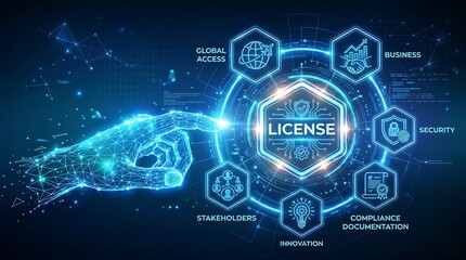 Licensing. License agreement. Copyright protection law license property rights. Business technology concept. Wireframe hand places an element into a composition visualizing Licensing. Vector. ai