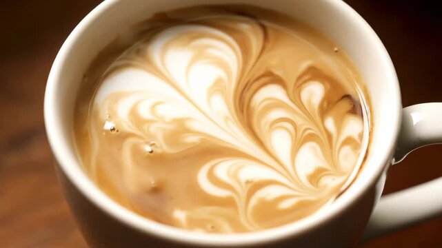Process of creating beautiful latte art shown in a three frame sequence. A barista pours steamed milk into espresso to make a classic rosetta design in a white cup